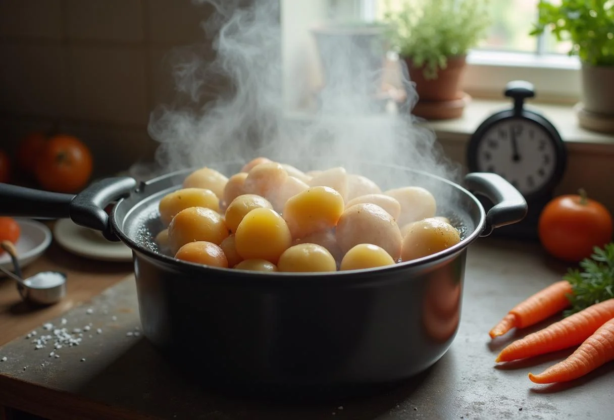 Kartoffeln und Karotten, die kochen, um einen cremigen Stampf zuzubereiten.