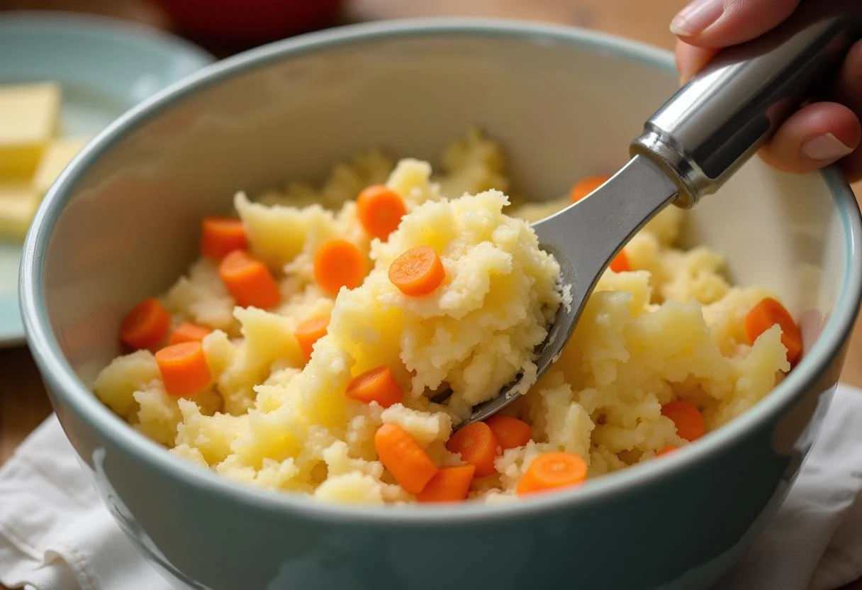 Kartoffeln und Karotten werden für cremigen Stampf zerdrückt, neben Butter und Milch.