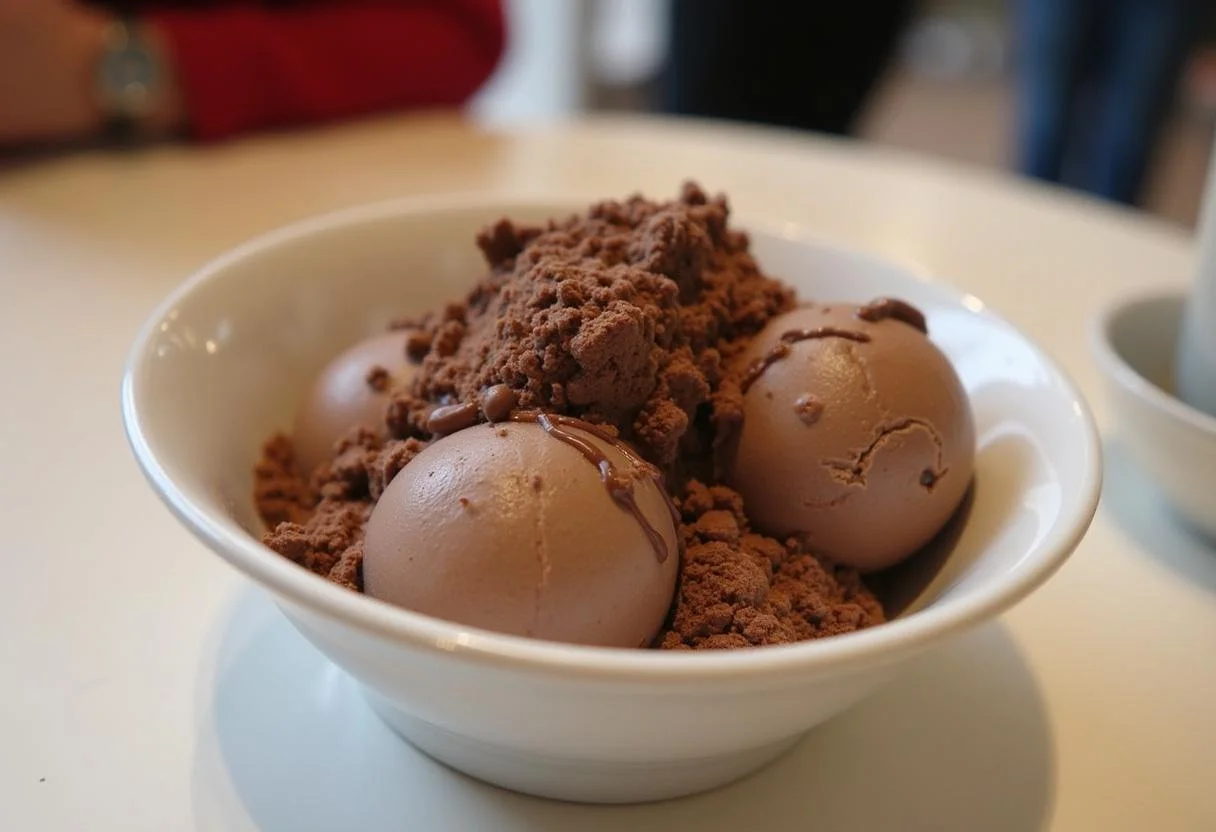 Fertiges cremiges Nutella Eis mit Schokoladenspänen und Sauce, ideal für eine süße Nachspeise.
