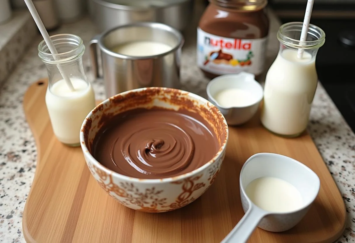 Zutaten für cremiges Nutella-Eis: Nutella, Sahne und gesüßte Kondensmilch.