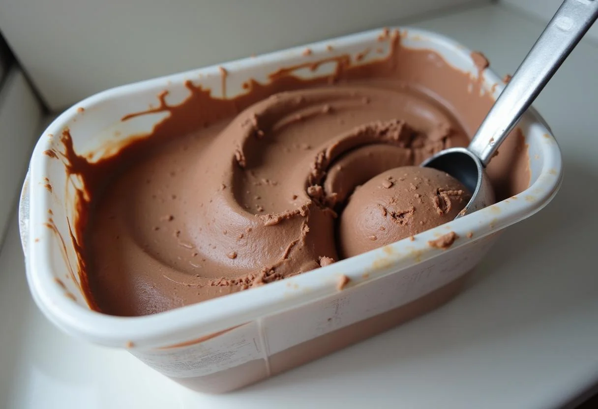Frisch zubereitetes Nutella Eis wird in den Gefrierschrank gestellt.