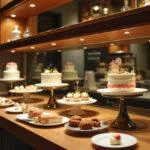 Elegante Kuchenvitrine hinter einem Glas Spritzschutz, ideal für die Präsentation köstlicher Backwaren.