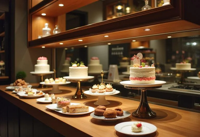 Elegante Kuchenvitrine hinter einem Glas Spritzschutz, ideal für die Präsentation köstlicher Backwaren.