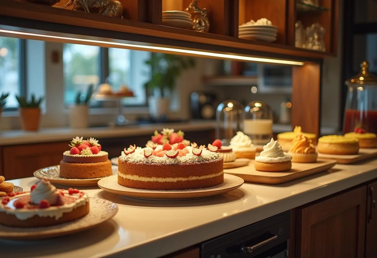 Elegante Kuchenvitrine hinter einem Glas Spritzschutz, ideal für die Präsentation köstlicher Backwaren.