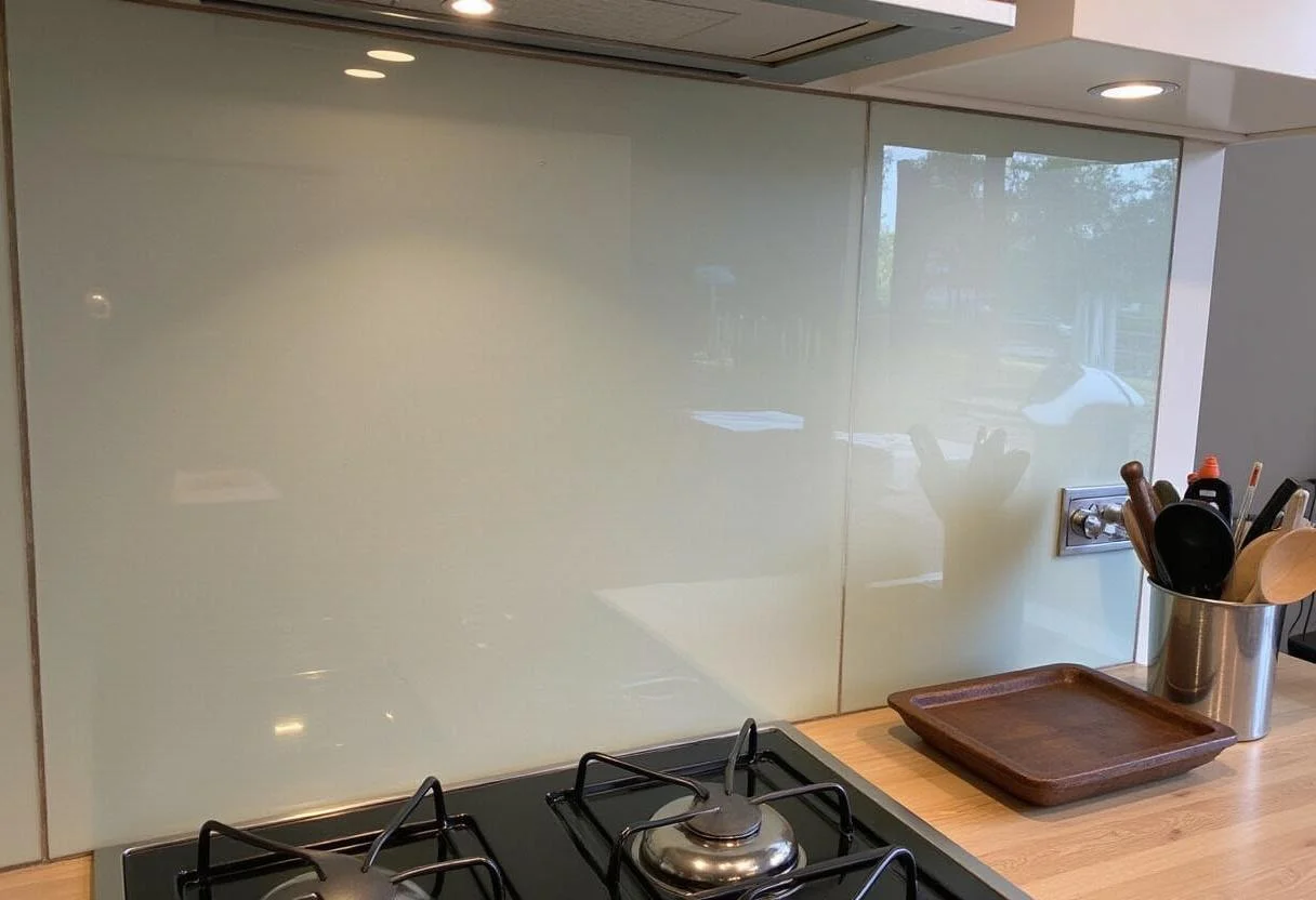 Vollendeter Glas Spritzschutz für die Küche mit Konditoreiwaren, perfekt für eine Kuchenvitrine.