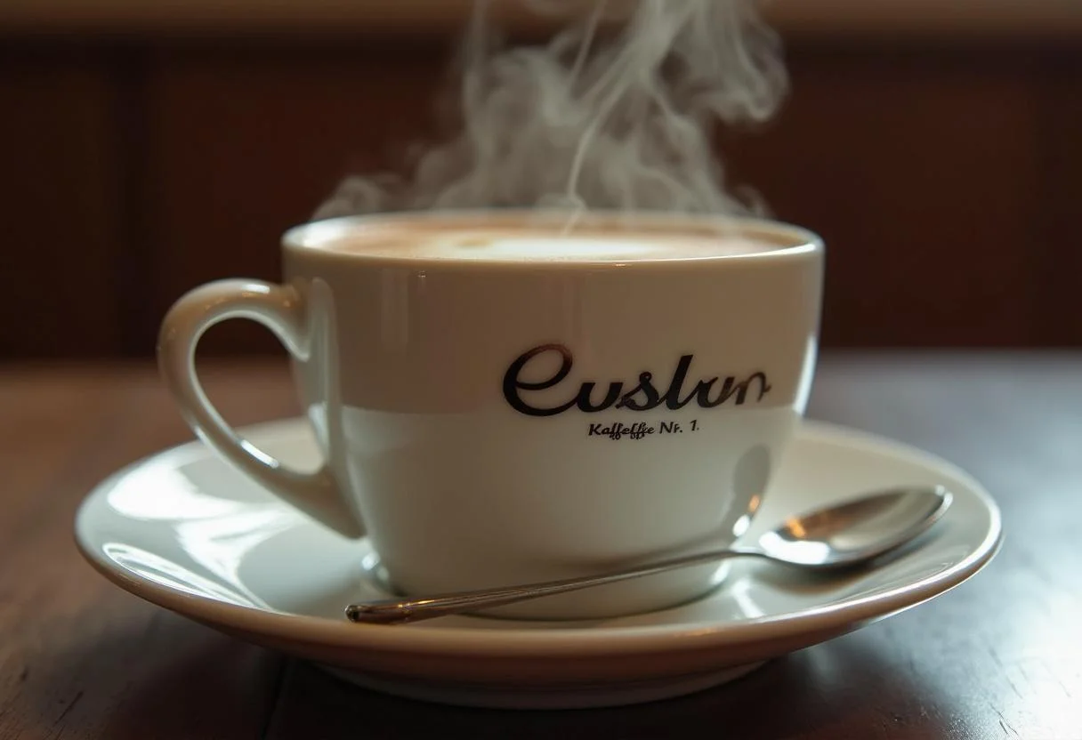 Dampfende Tasse Eduscho Kaffee Gala Nr. 1, fertig zum Genießen.