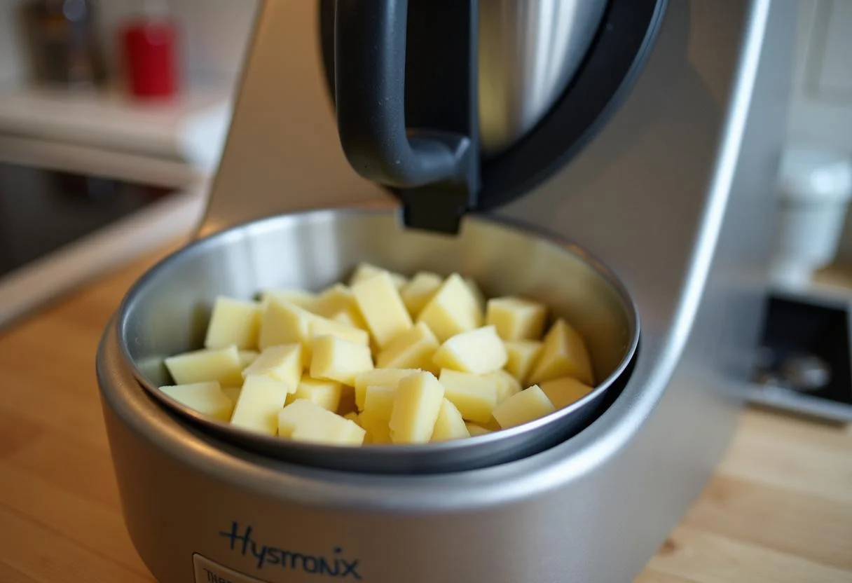 Gewürfelte Kartoffeln in einer Thermomix-Schüssel für einfach kochen mit dem Thermomix