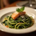 Fertige Nudeln mit Spinat und Lachs, perfekt für ein elegantes Abendessen.