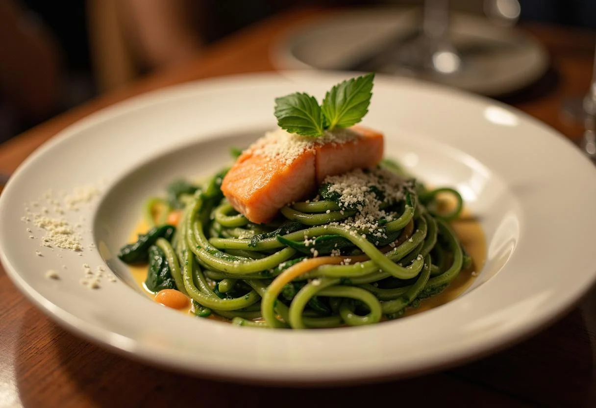 Fertige Nudeln mit Spinat und Lachs, perfekt für ein elegantes Abendessen.
