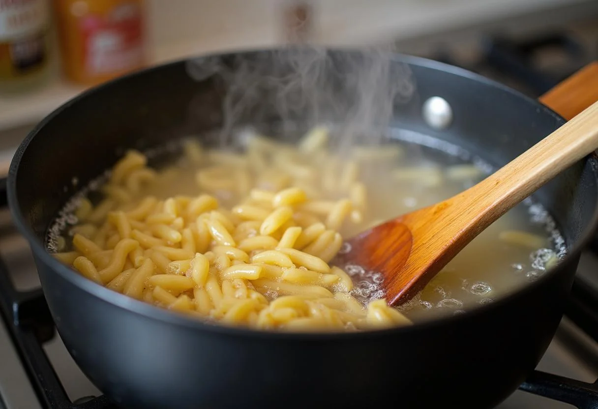 Kochen von Nudeln mit Spinat und Lachs in einem großen Topf für die perfekte Pasta.