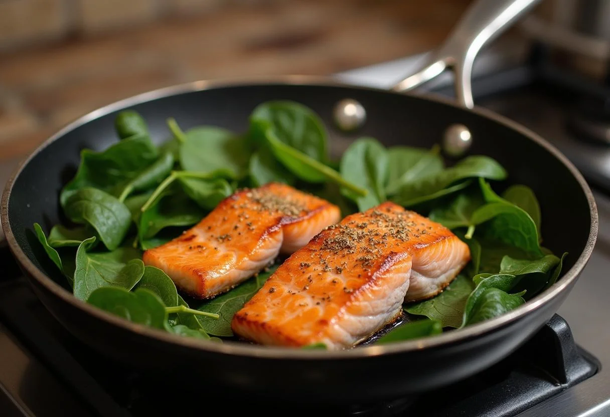 Frischer Spinat und Lachs in einer Pfanne für die cremige Spinat-Lachs-Soße.