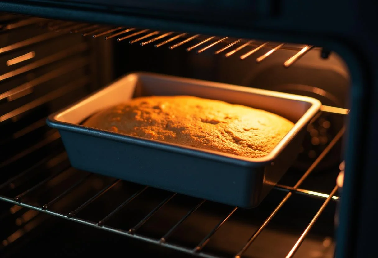 Backform mit Thermomix Kuchen im Ofen, bereit zum Backen.