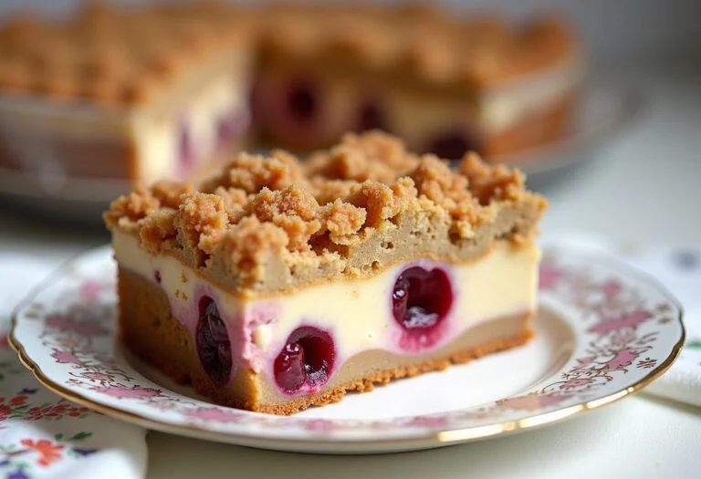 Fertiger einfacher Puddingkuchen ohne Backen, servierfertig mit Kirschen und Streuseln.