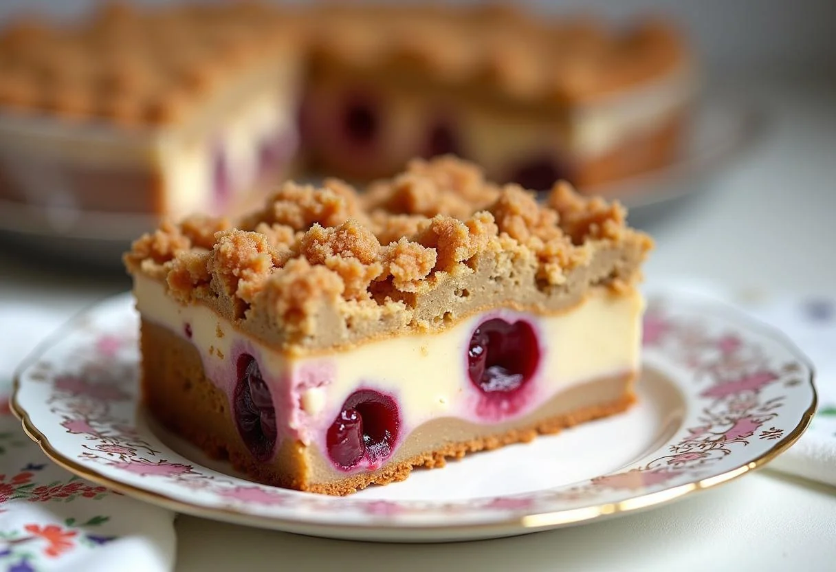 Fertiger einfacher Puddingkuchen ohne Backen, servierfertig mit Kirschen und Streuseln.