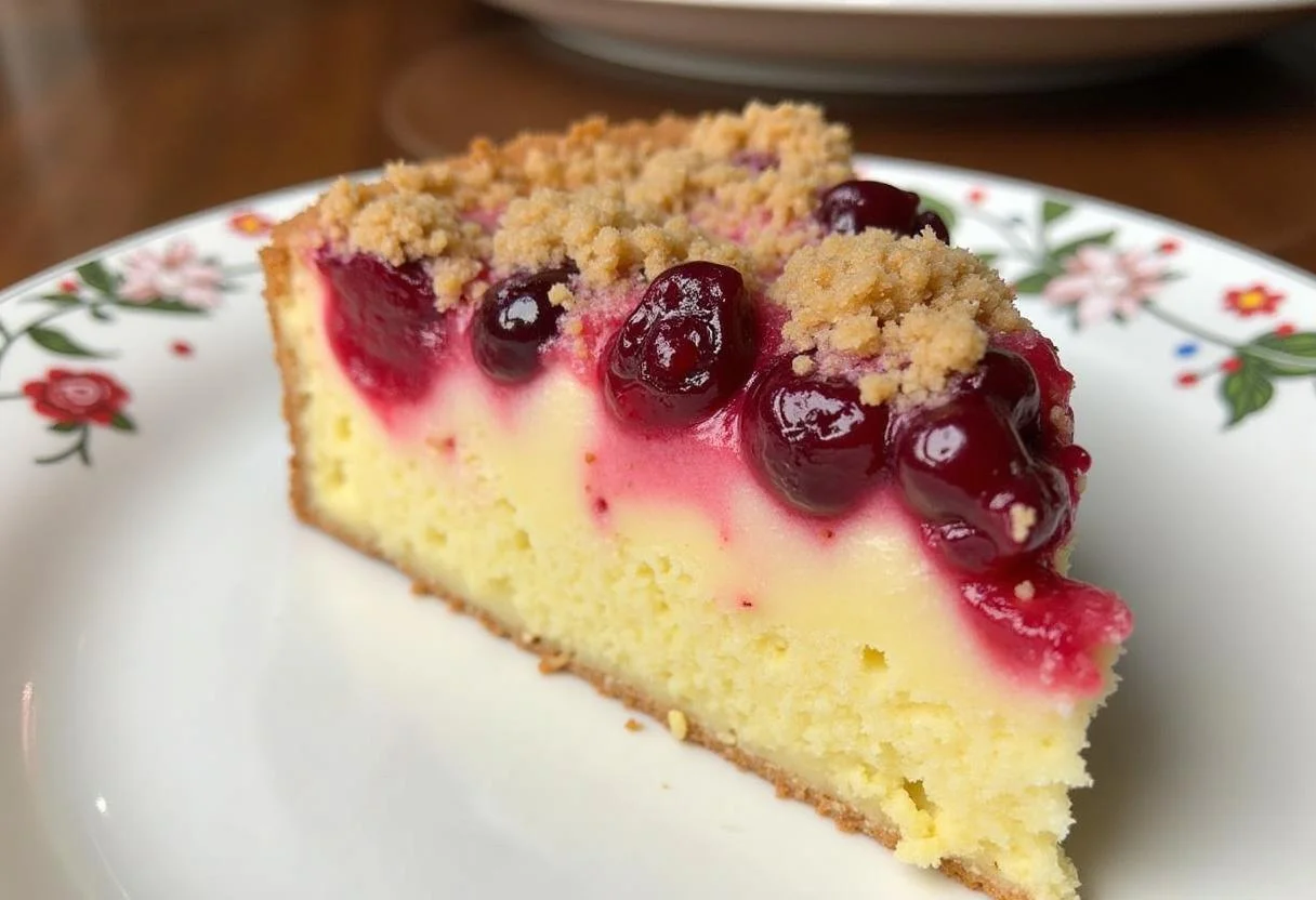 Fertiger einfacher Puddingkuchen ohne Backen, servierfertig mit Kirschen und Streuseln.