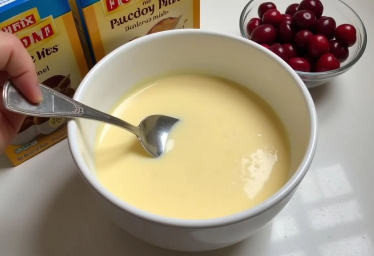 Kirschen und Puddingmischung in einer Schüssel für den einfachen Puddingkuchen.