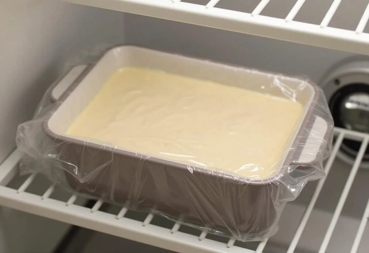 Puddingkuchen im Kühlschrank, um festzuwerden, unter Plastikfolie abgedeckt.