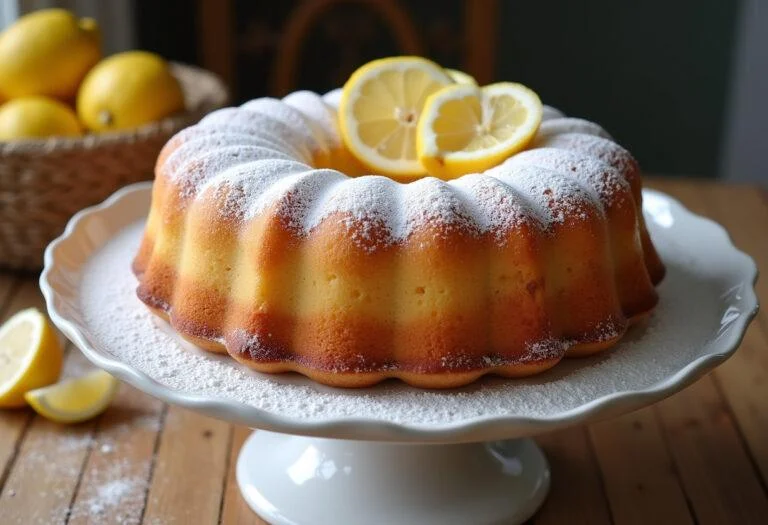 Fertiger einfacher Kuchen aus dem Thermomix, dekoriert mit Puderzucker und Zitronenscheiben.