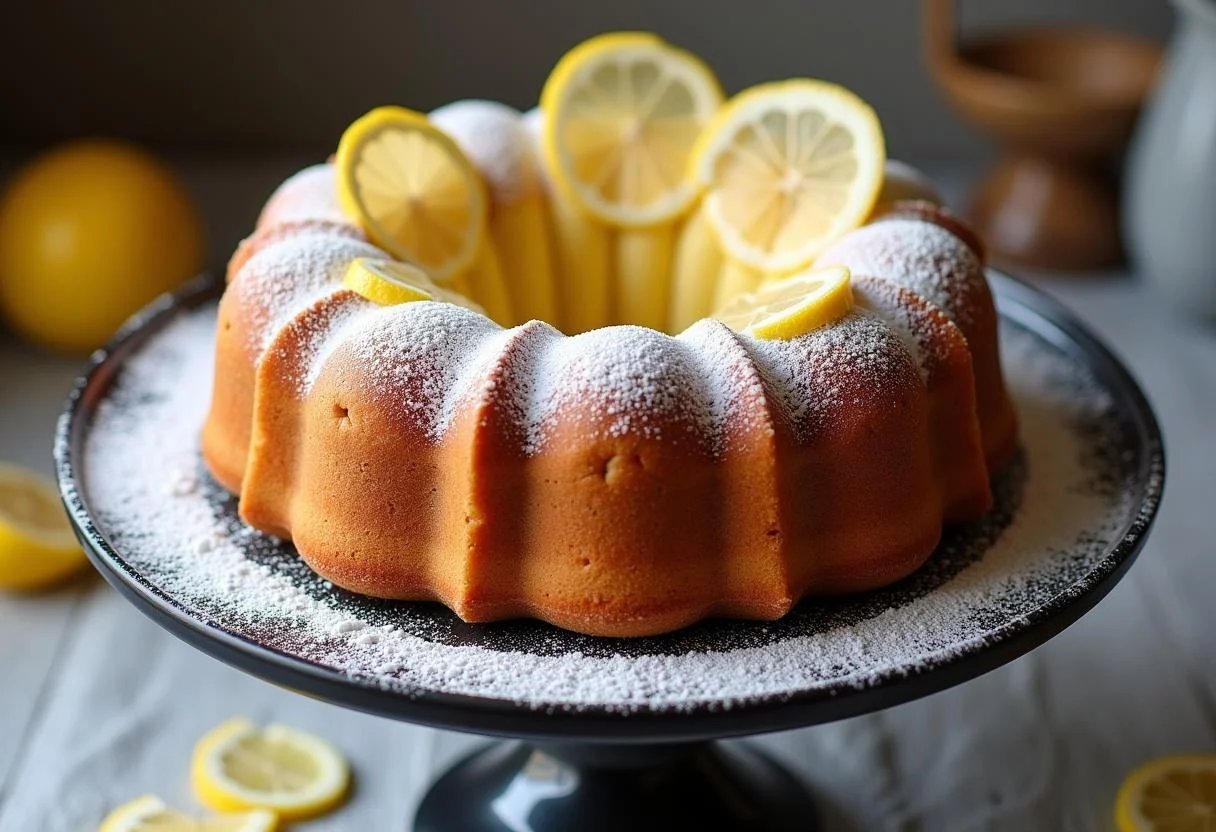 Fertiger einfacher Kuchen aus dem Thermomix, dekoriert mit Puderzucker und Zitronenscheiben.