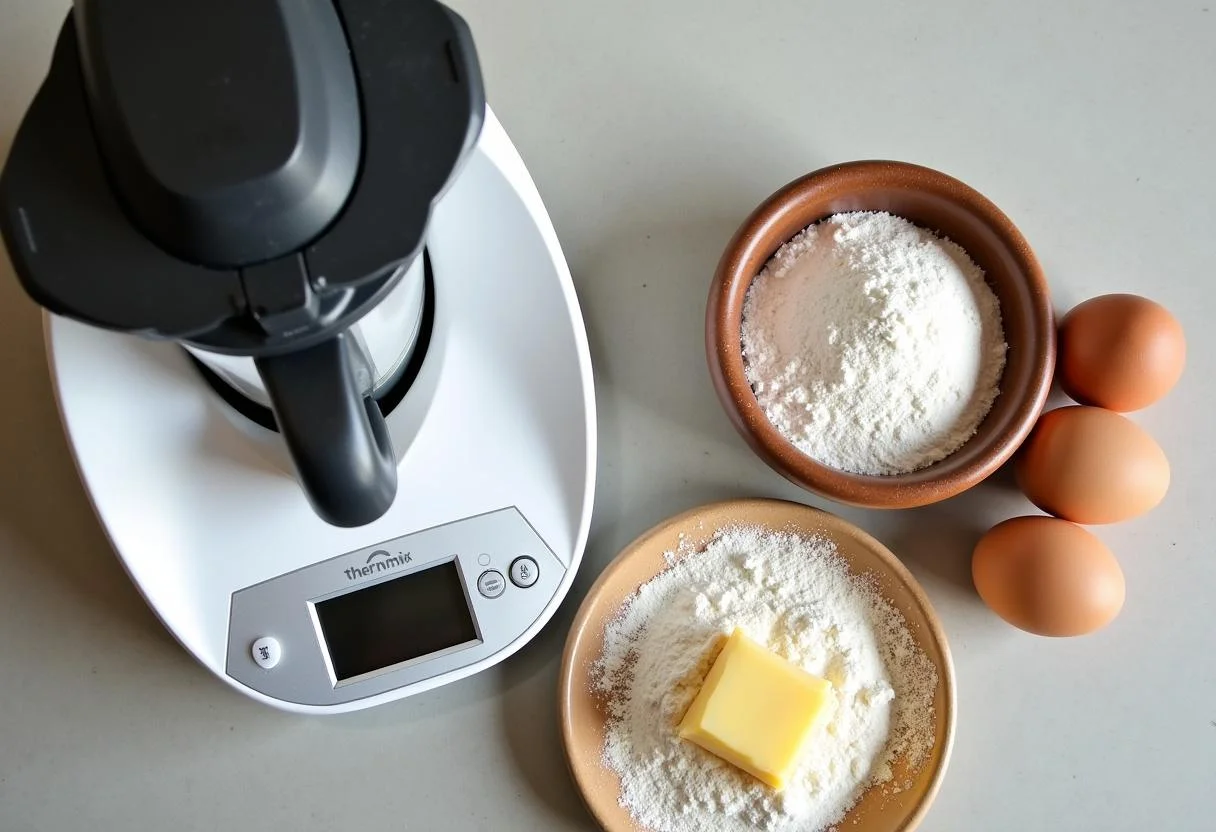 Zutaten für Kuchen im Thermomix vorbereitet: Mehl, Zucker und Eier.