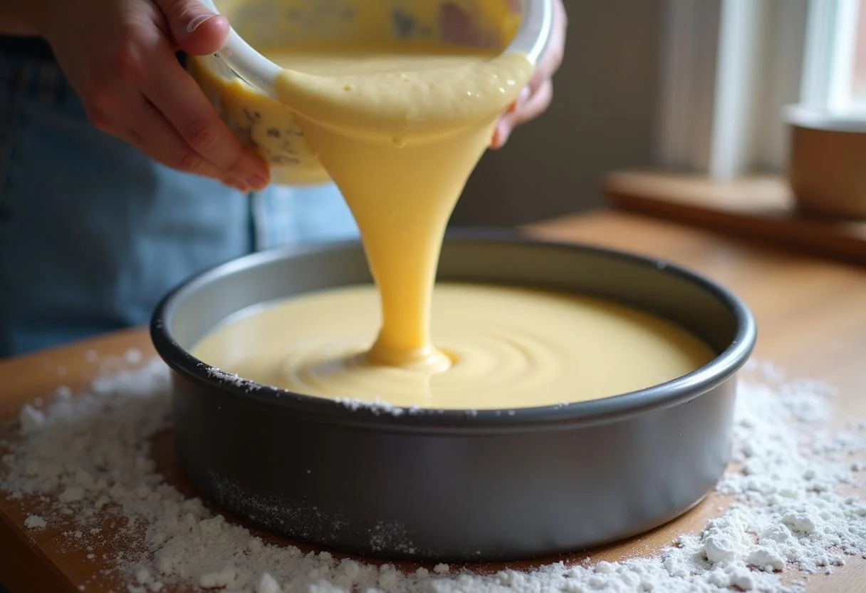 Teig für Kuchen aus dem Thermomix wird in eine Backform gegossen.
