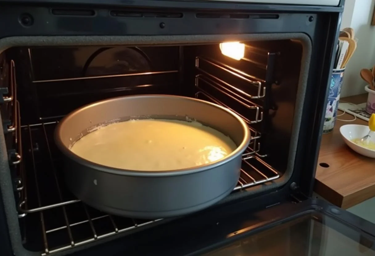 Kuchen im Thermomix-Style wird in den Ofen geschoben zum Backen.