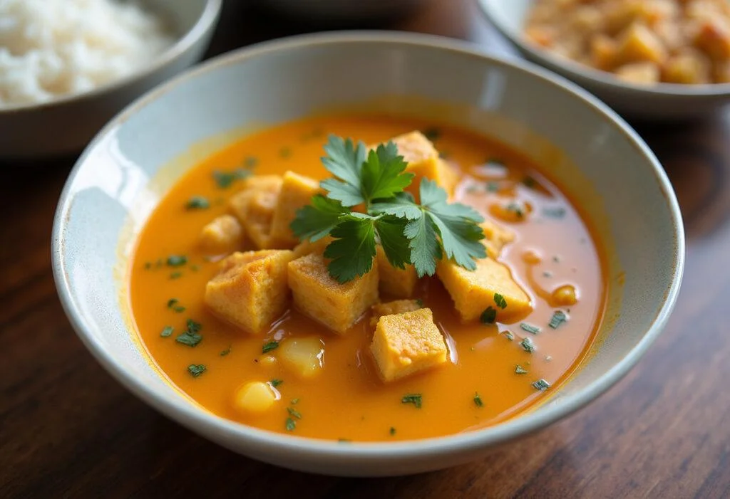 Fertiges Hähnchen-Curry mit Kokosmilch, serviert mit Reis und frischem Koriander.
