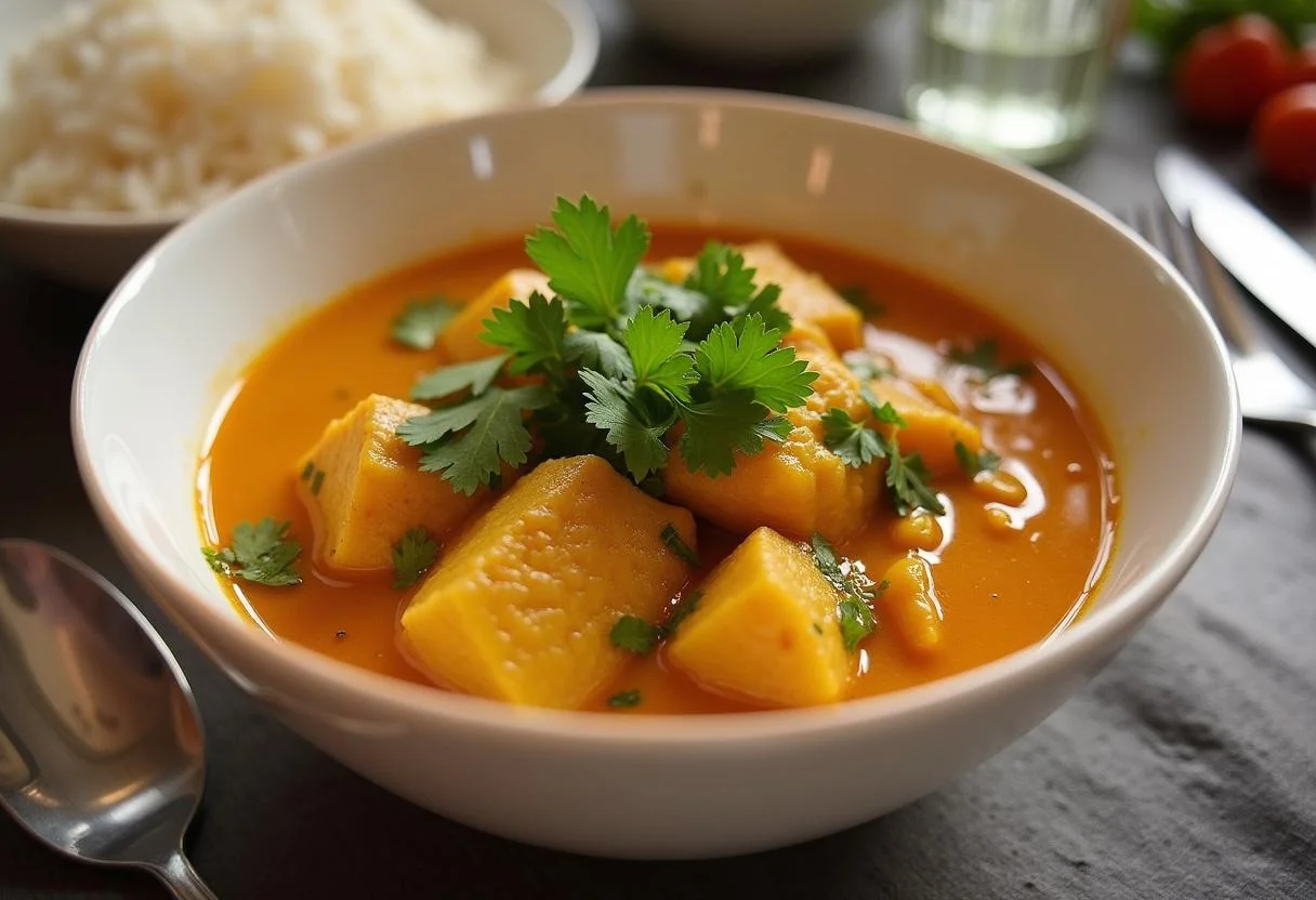 Fertiges Hähnchen-Curry mit Kokosmilch, serviert mit Reis und frischem Koriander.