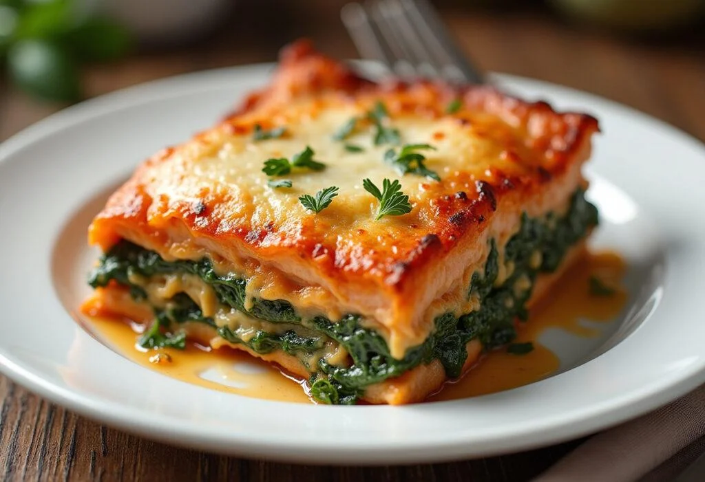 Fertige Lachs-Spinat-Lasagne, goldbraun und perfekt garniert, ideal zum Servieren.