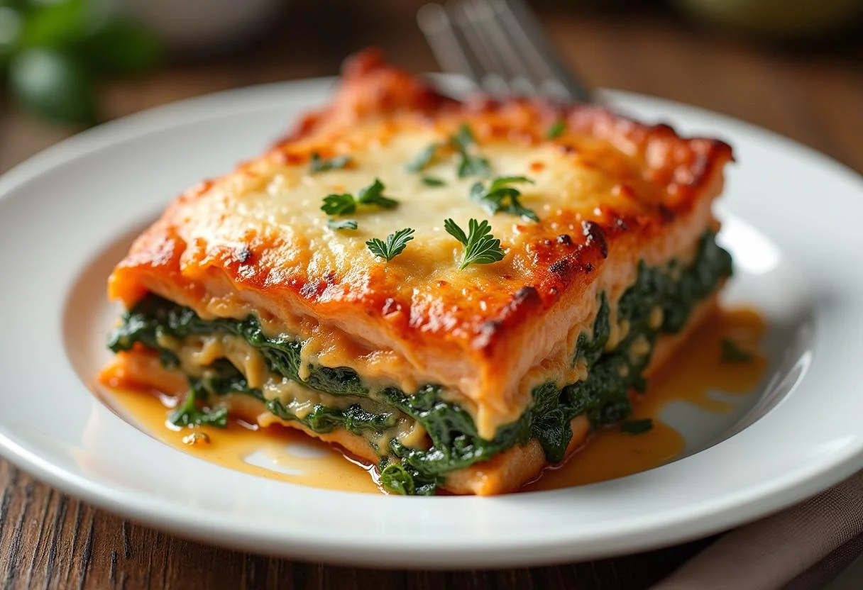 Fertige Lachs-Spinat-Lasagne, goldbraun und perfekt garniert, ideal zum Servieren.