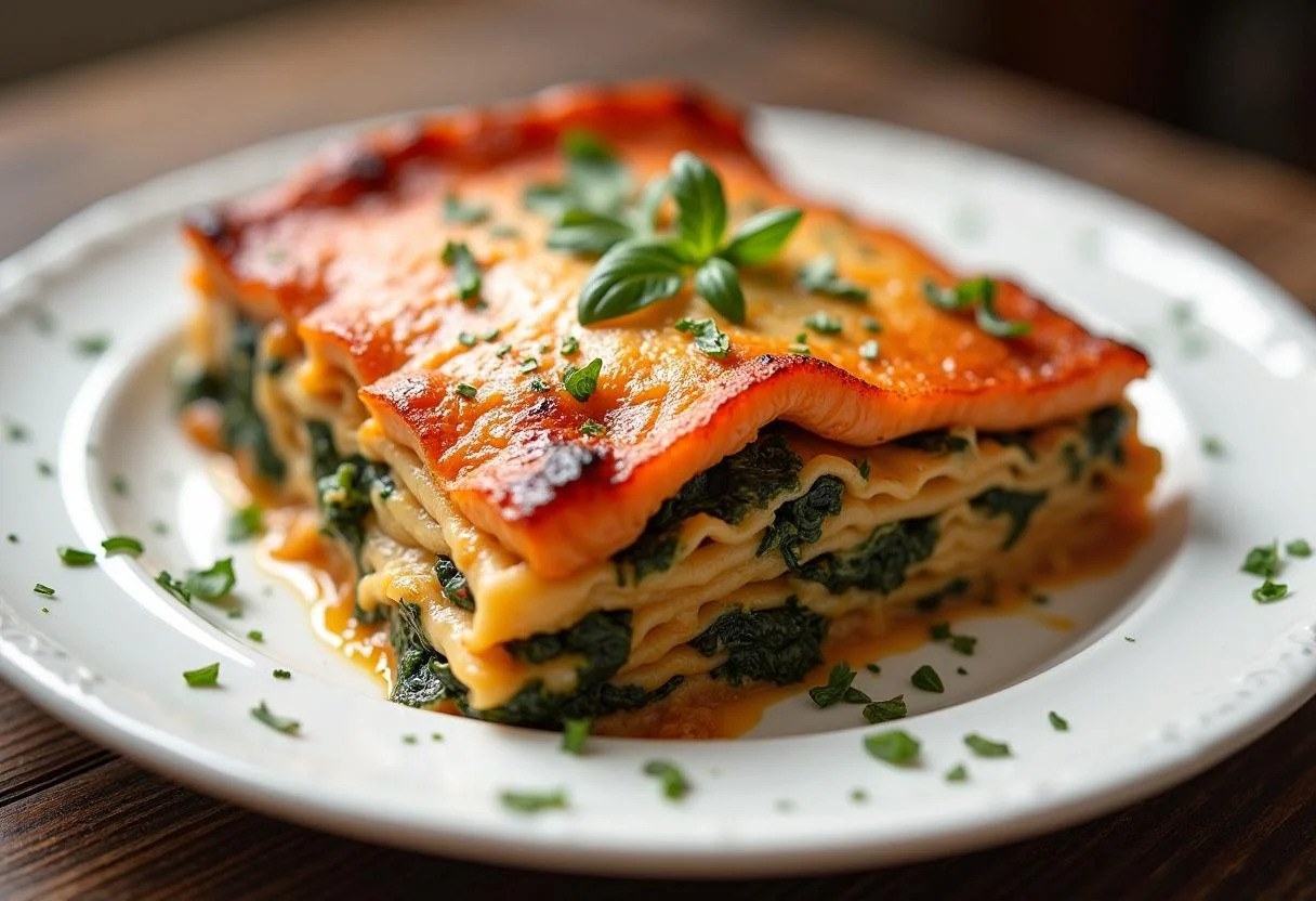 Fertige Lachs-Spinat-Lasagne, goldbraun und perfekt garniert, ideal zum Servieren.