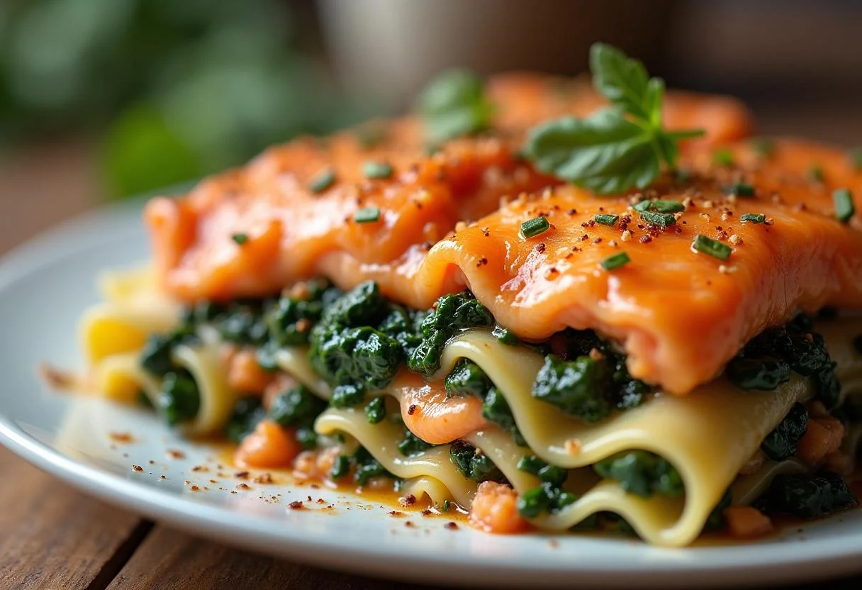 Schichten aus Lasagne, Spinat und Lachs für das Rezept Lachs Nudeln werden zusammengestellt.