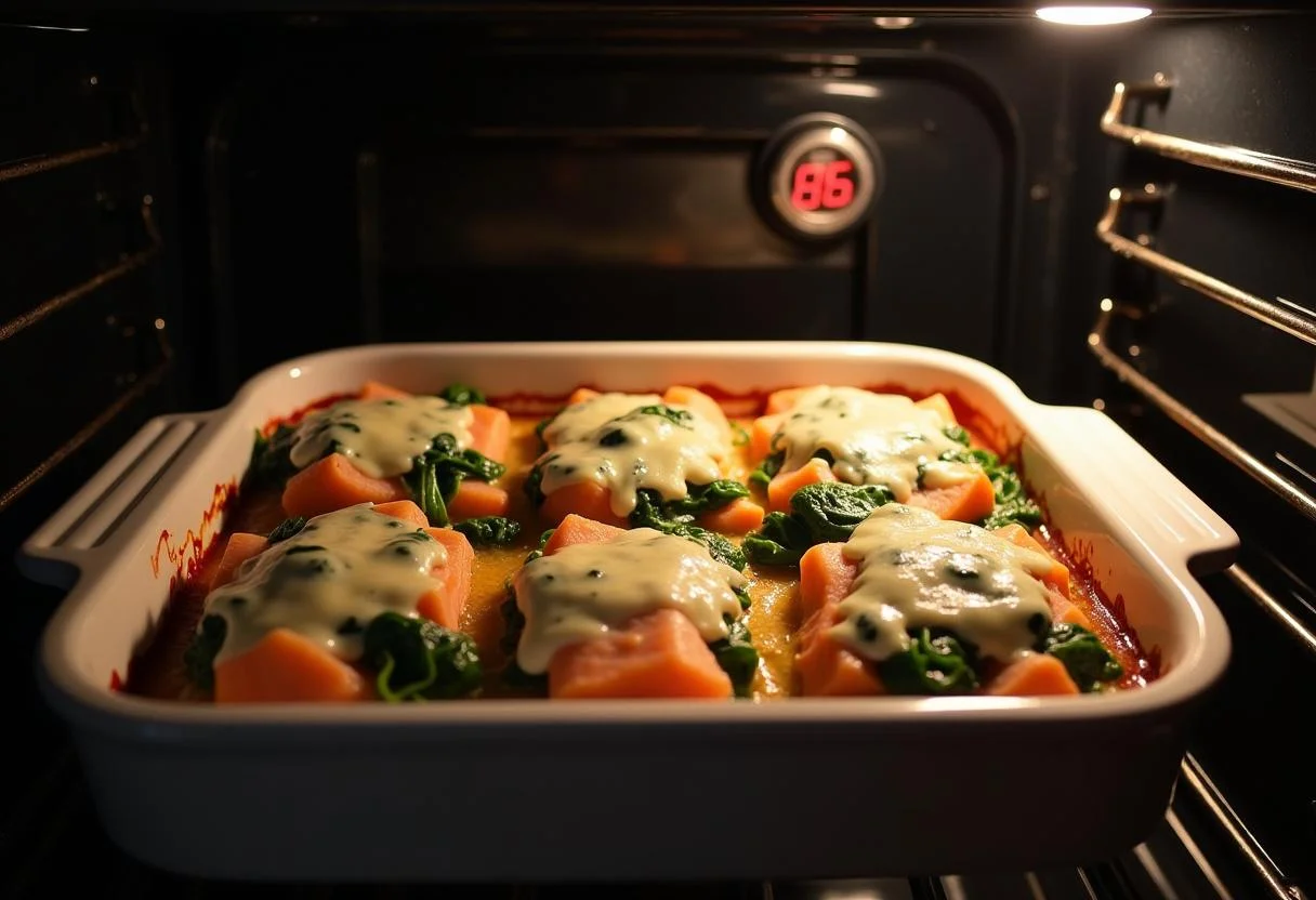 Auflaufform mit Lachs und Spinat Lasagne wird in den Ofen geschoben.