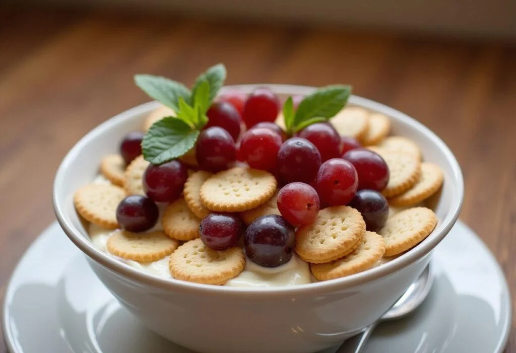 Fertiges einfaches Trauben-Dessert mit Keksen, Mascarpone und Trauben für einen leckeren Genuss.
