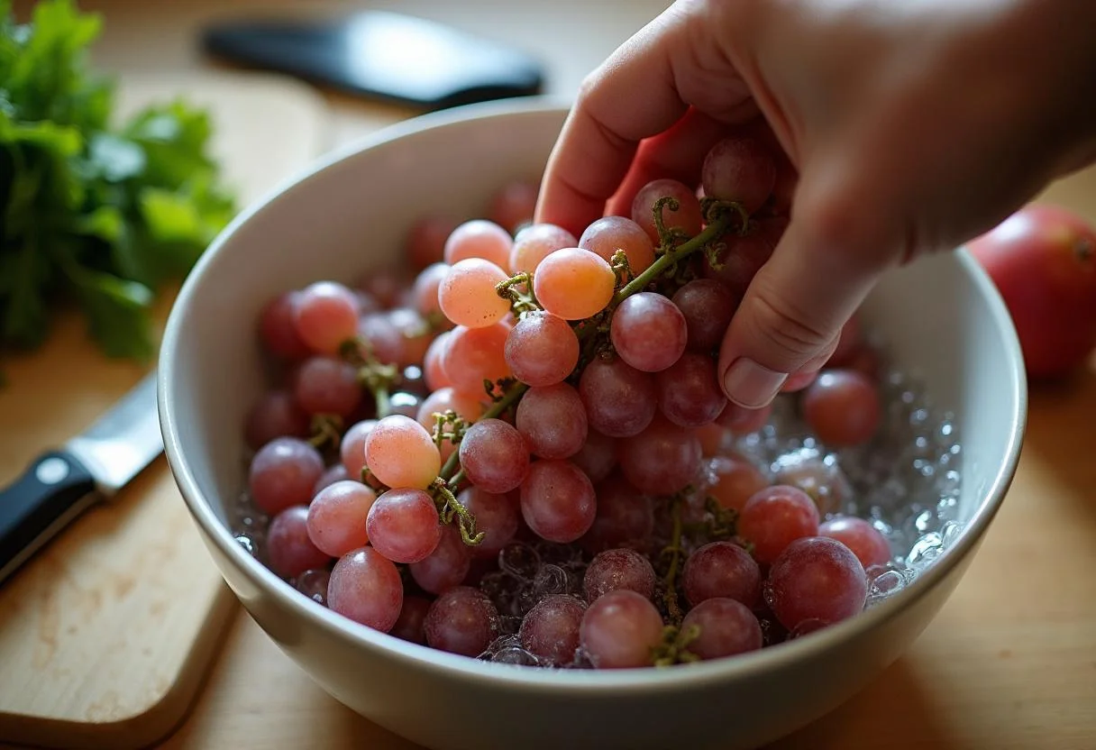 Frische Trauben werden für das einfache Trauben-Dessert gewaschen und vorbereitet.
