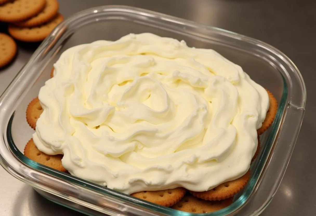 Schichten von Keksen und Mascarpone-Creme für das Trauben-Dessert werden erstellt.