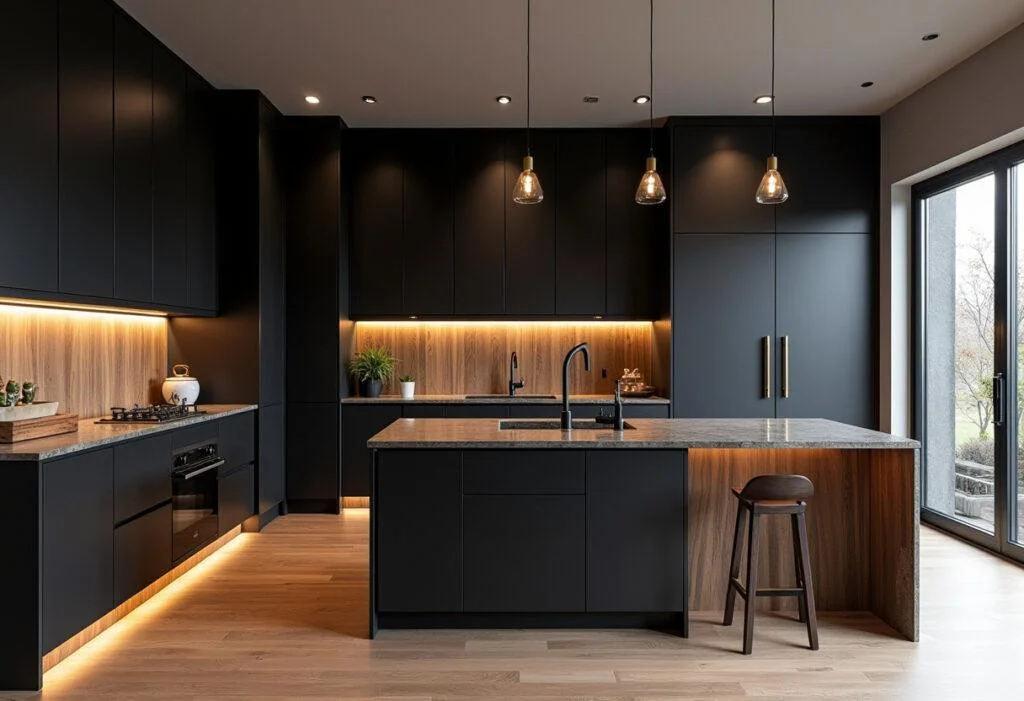 Futuristische schwarze Küche mit Holz, die ein modernes und elegantes Wohngefühl vermittelt.