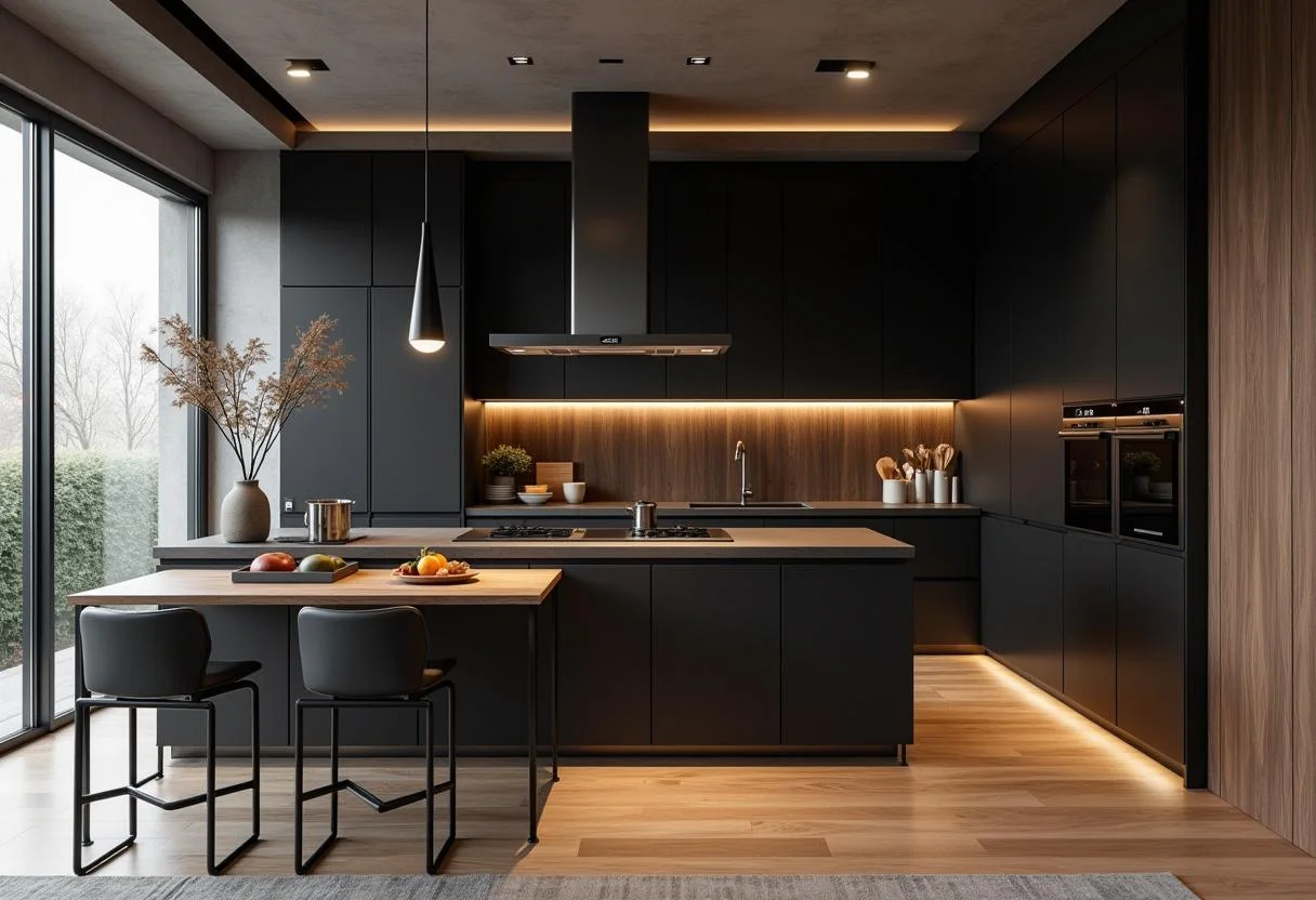 Elegante schwarze Küche mit Holz und modernem Design für ein stilvolles Zuhause.