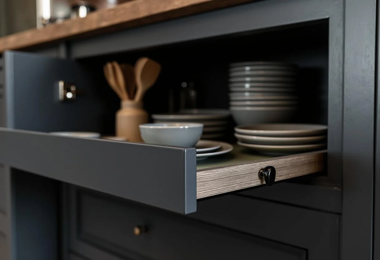 Matte schwarze Küchenschranktür, die geöffnet wird, um die elegante Schwarzen Küche zu zeigen.