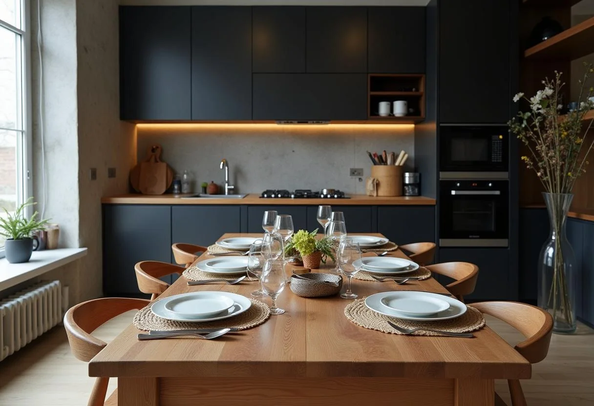 Elegante schwarze Küche mit stilvollem Essbereich, der das Gesamtbild vervollständigt.