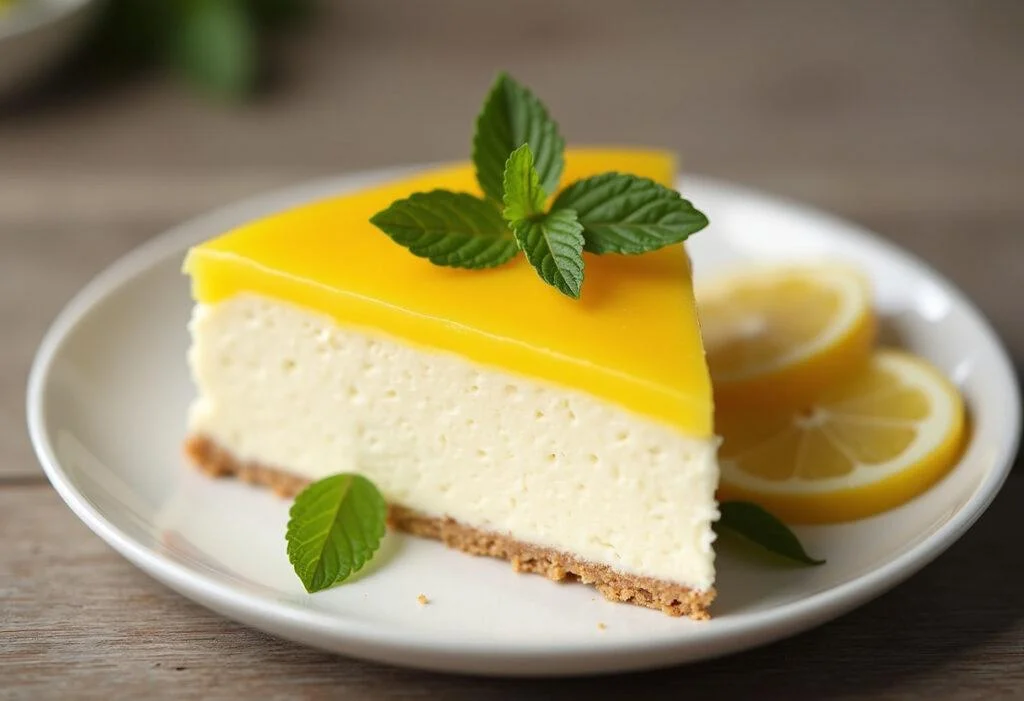 Fertiger Erfrischender Joghurt-Zitronen-Kuchen mit Zitronenscheiben und Minzblättern garniert.