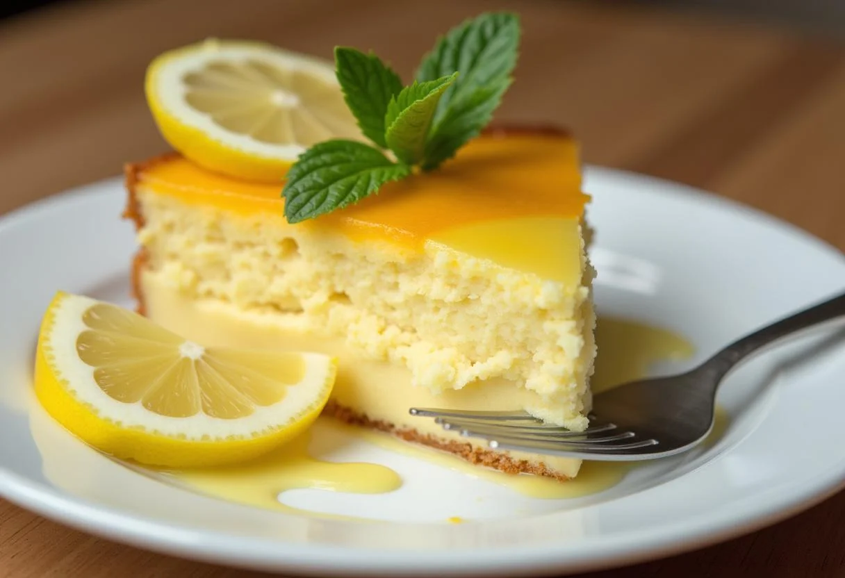 Fertiger Erfrischender Joghurt-Zitronen-Kuchen mit Zitronenscheiben und Minzblättern garniert.
