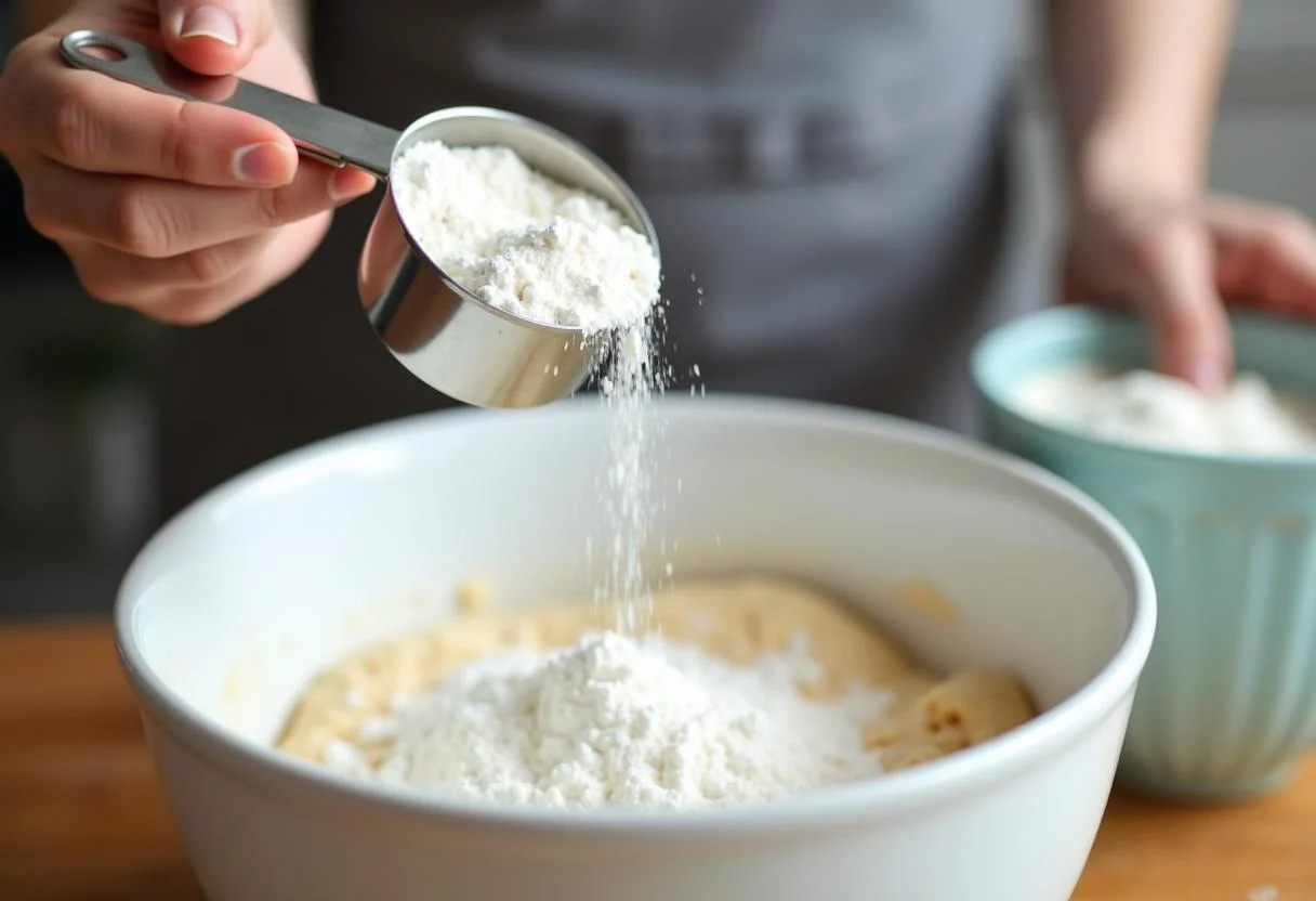 Mehl wird in die Schüssel für den Erfrischenden Joghurt-Zitronen-Kuchen gegossen.