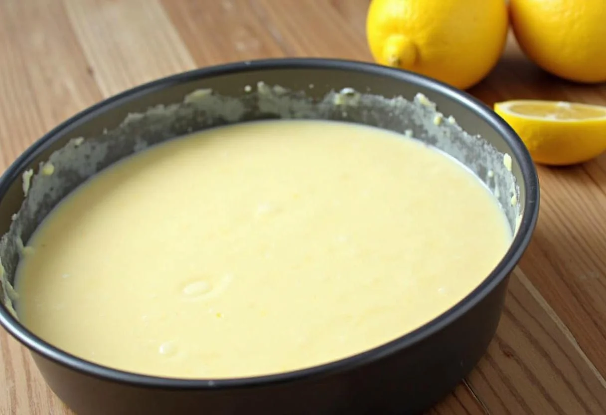 Der Erfrischende Joghurt-Zitronen-Kuchen Teig in einer gefetteten Backform.