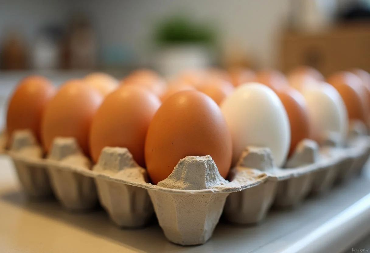 Frische Eier in einem Eierkarton zur Überprüfung der Frische.