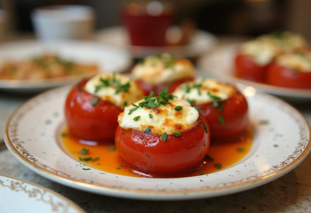 Fertiger gebackener Tomaten Feta Auflauf, servierfertig und dekoriert mit frischen Kräutern.