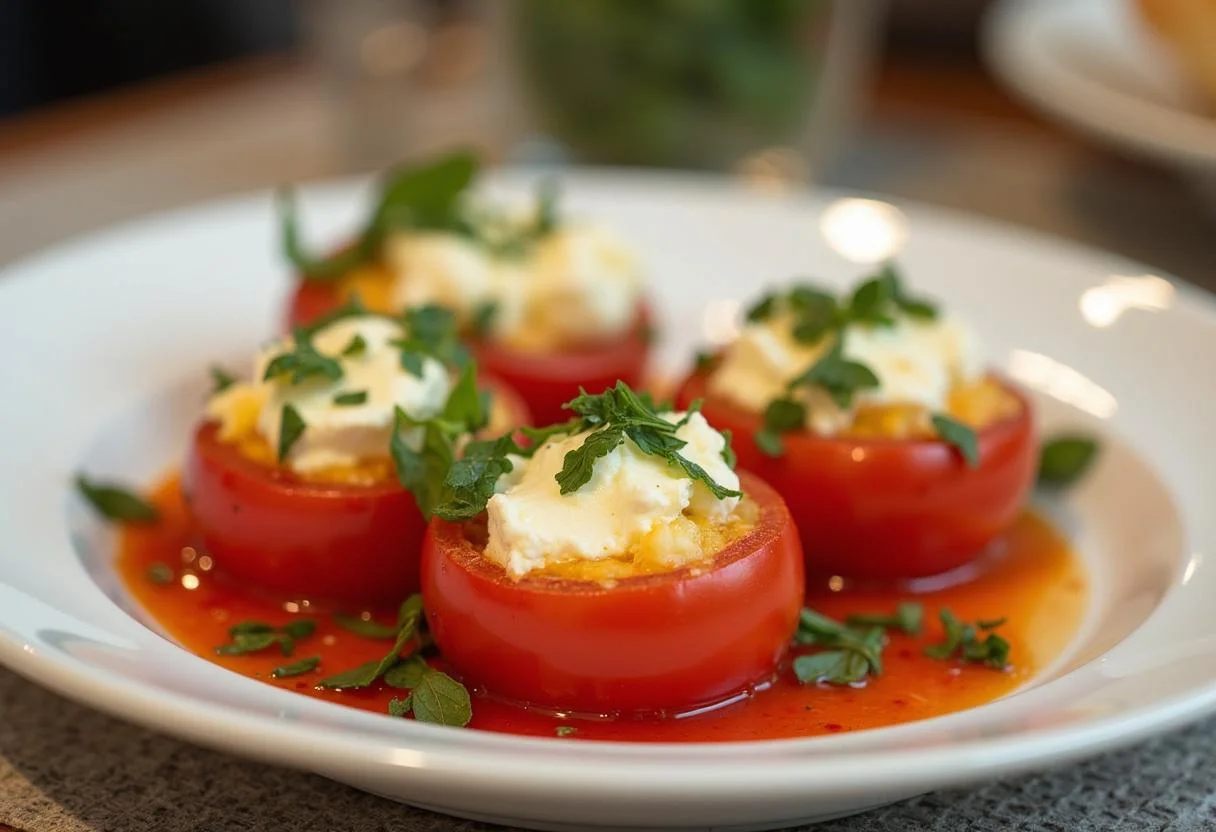Fertiger gebackener Tomaten Feta Auflauf, servierfertig und dekoriert mit frischen Kräutern.