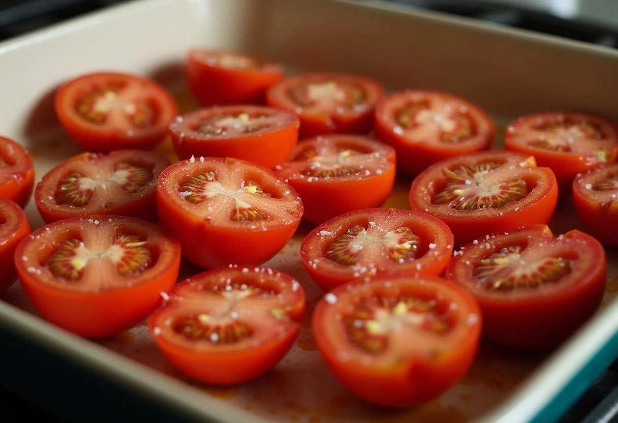 Reife Tomaten, halbiert und gewürzt, bereit für den Tomaten Feta Auflauf.