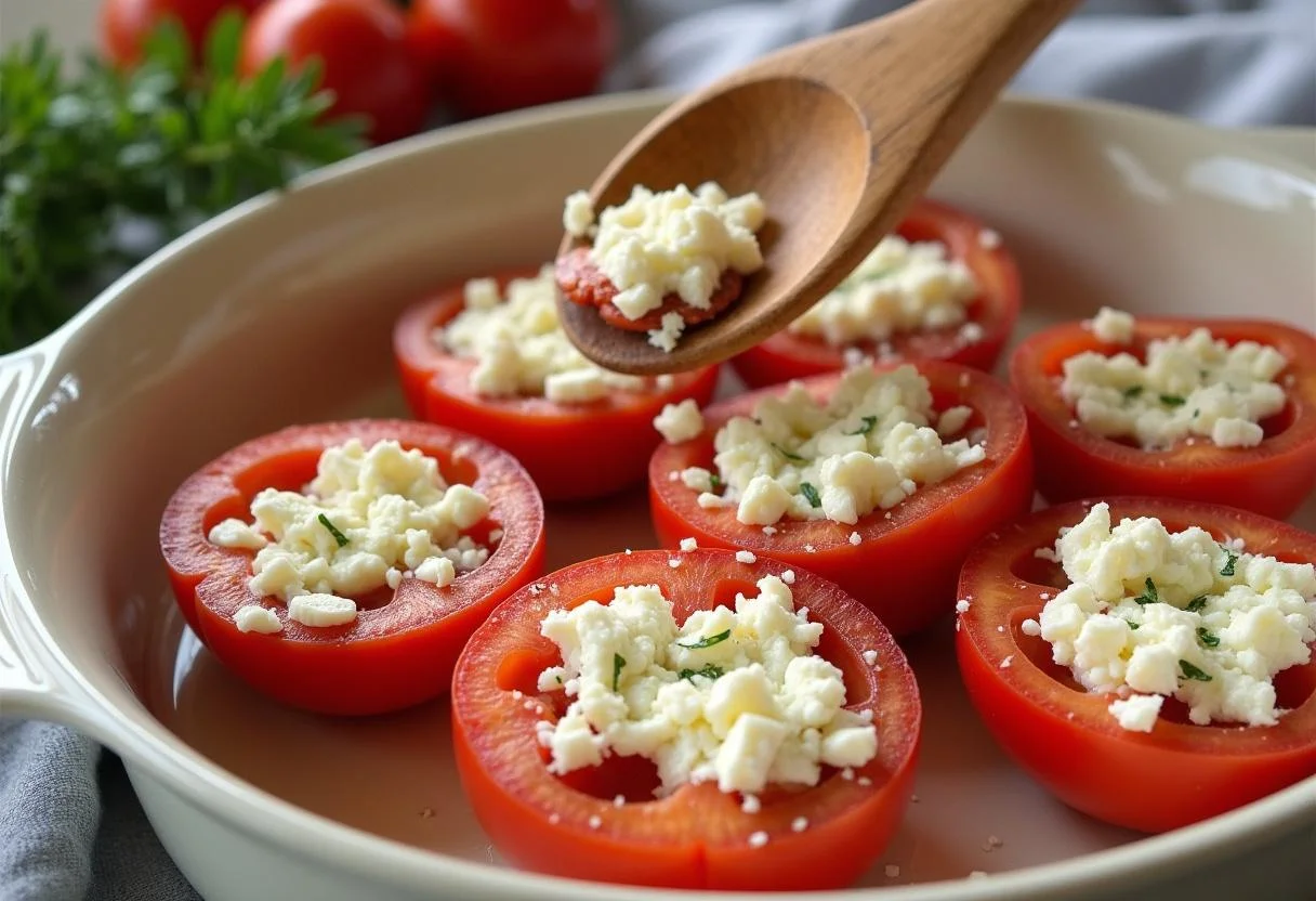 Feta-Knoblauch-Mischung wird auf Tomatenhälften für den Tomaten Feta Dip aufgetragen.
