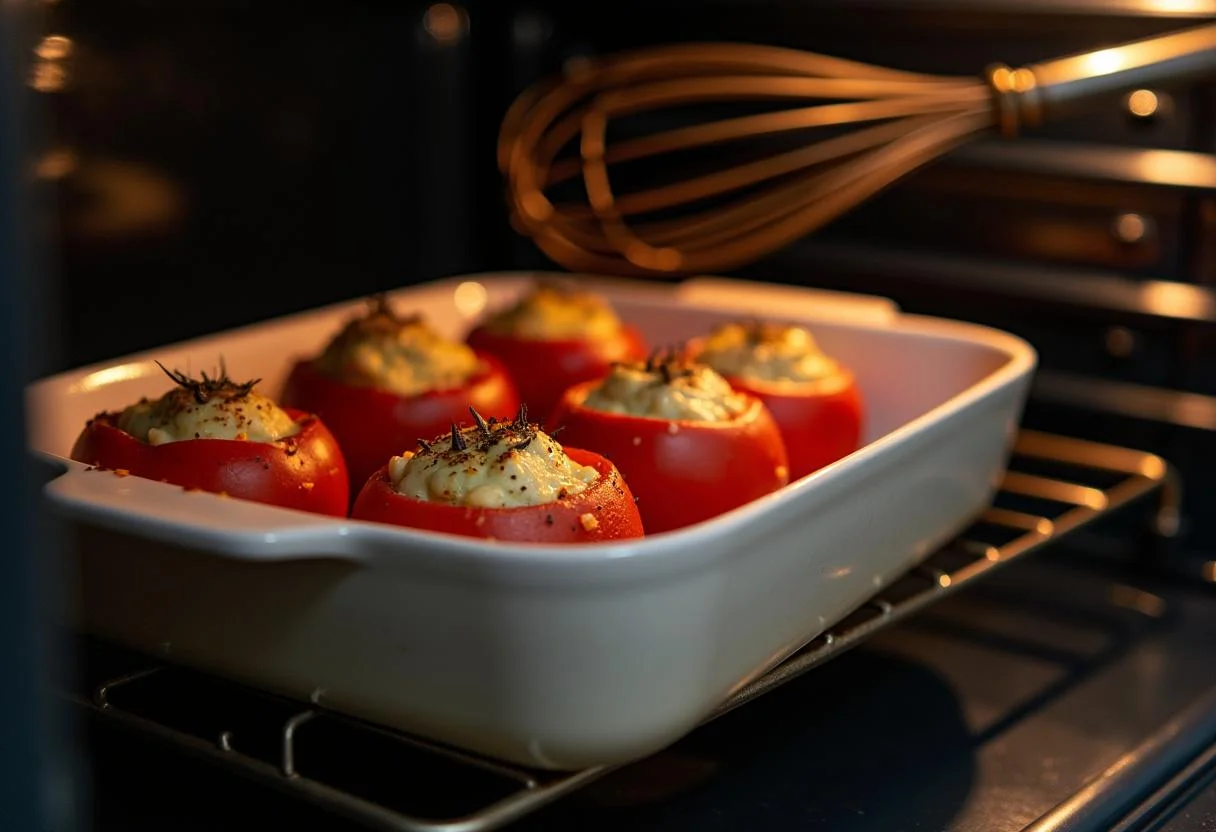 Baking dish mit gefüllten Tomaten, bereit zum Backen im Ofen für Tomaten Feta Salat.